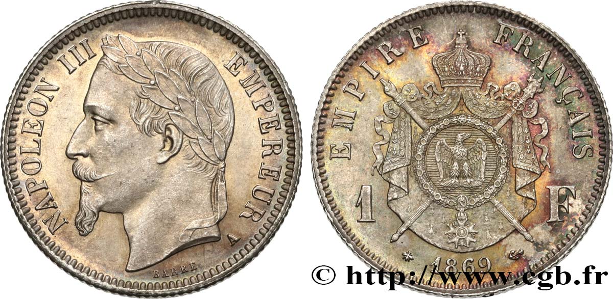 1 franc Napoléon III, tête laurée 1869 Paris F.215/14 SPL63 