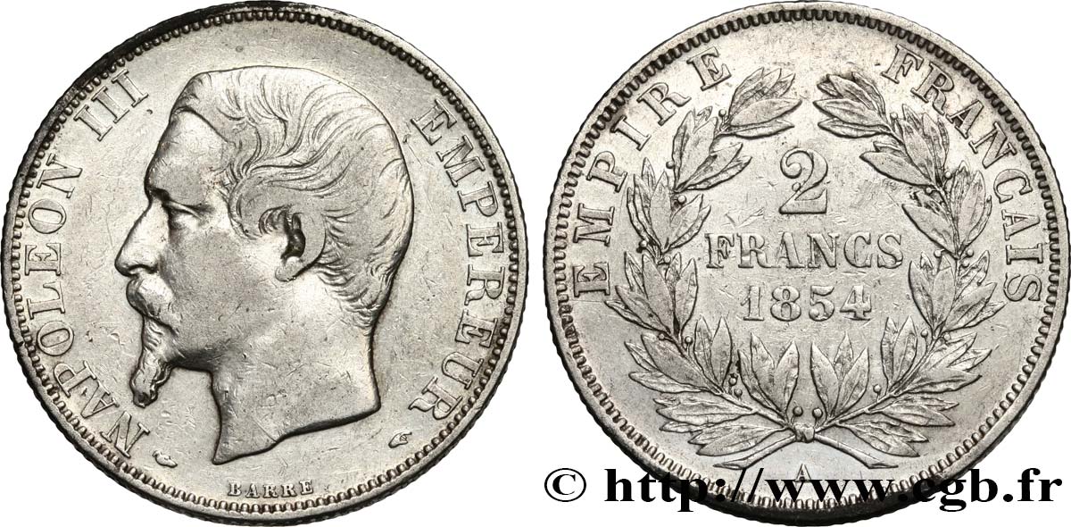2 francs Napoléon III, tête nue 1854 Paris F.262/2 VF 