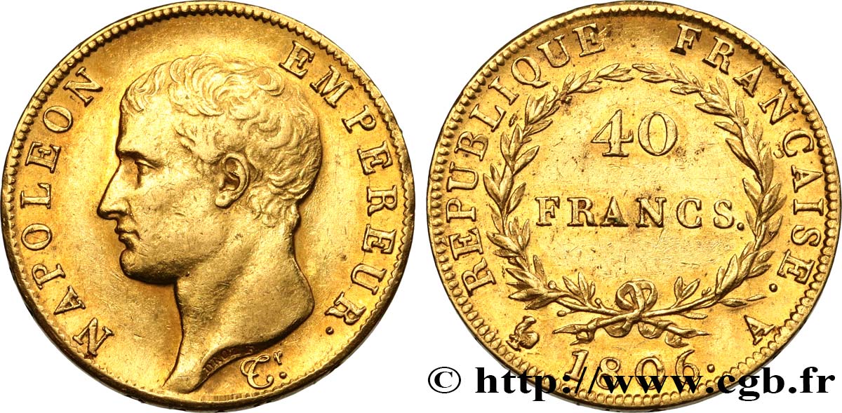 40 francs or Napoléon tête nue, Calendrier grégorien 1806 Paris F.538/1 AU50 