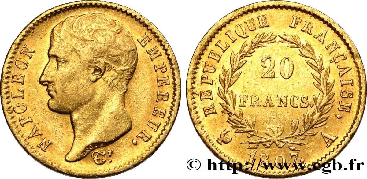 20 francs or Napoléon tête nue, type transitoire 1807 Paris F.514/1 BB50 