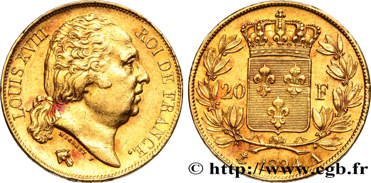 20 francs or Louis XVIII, tête nue 1824 Paris F.519/31 TTB53 