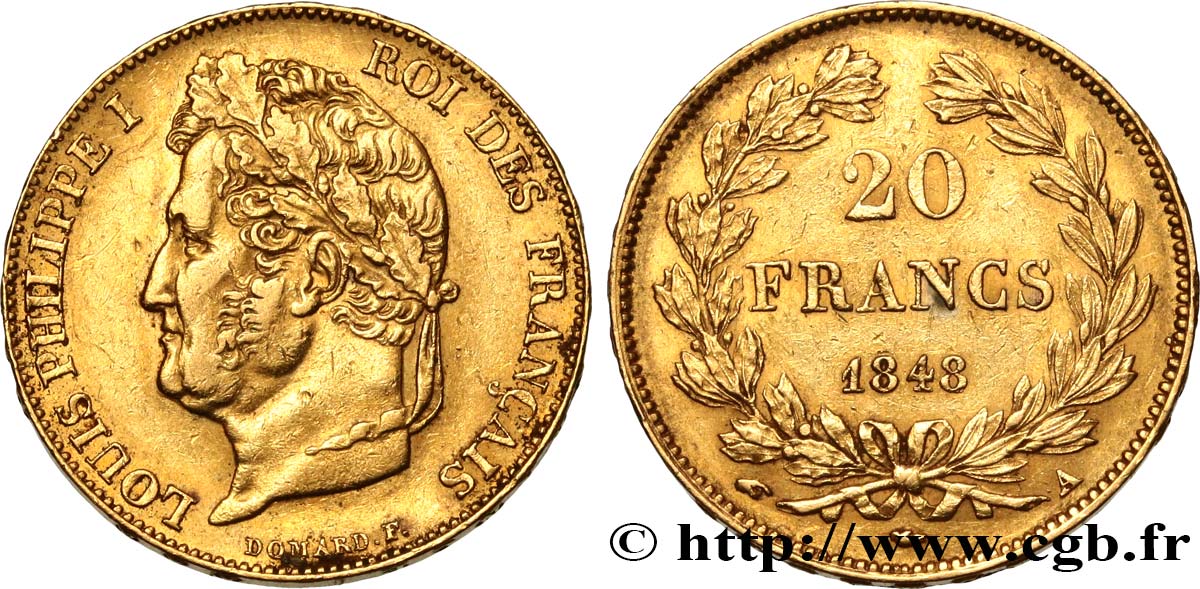 20 francs or Louis-Philippe, Domard 1848 Paris F.527/38 XF45 