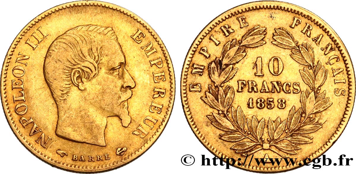 10 francs or Napoléon III, tête nue 1858 Paris F.506/5 TB30 