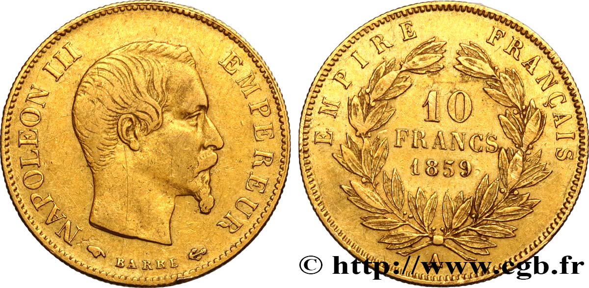 10 francs or Napoléon III, tête nue 1859 Paris F.506/7 TB35 