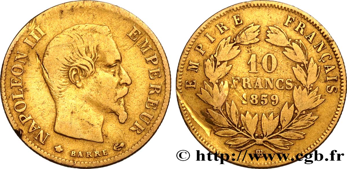 10 francs or Napoléon III, tête nue 1859 Strasbourg F.506/8 fS 