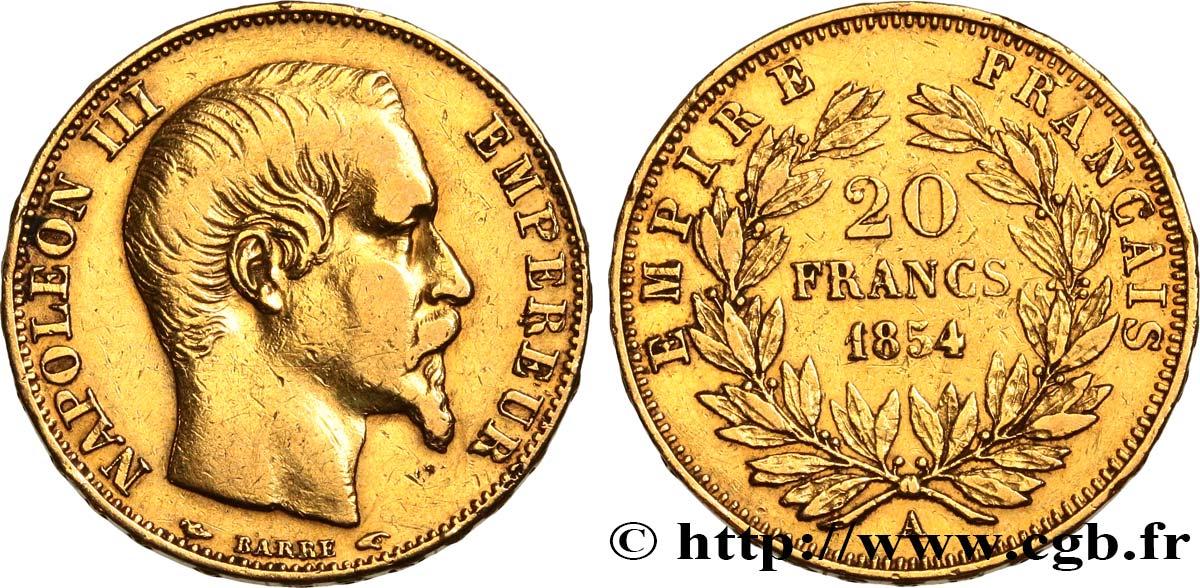20 francs or Napoléon III, tête nue 1854 Paris F.531/2 TB 