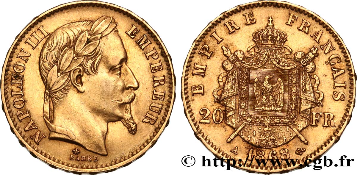 20 francs or Napoléon III, tête laurée 1868 Paris F.532/18 TTB50 