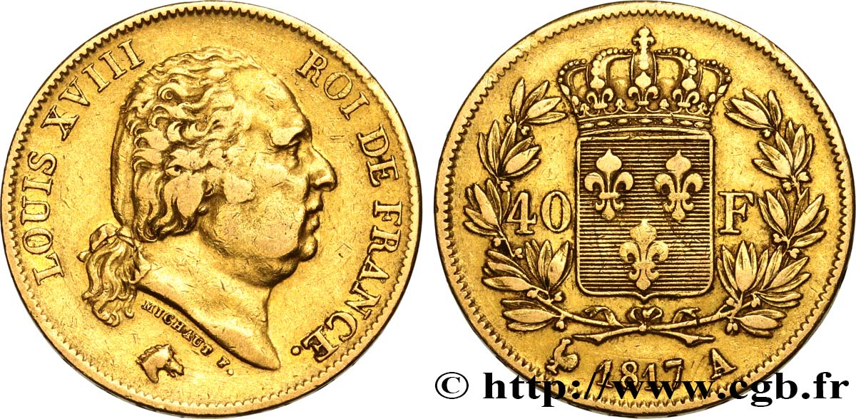 40 francs or Louis XVIII 1817 Paris F.542/6 XF40 