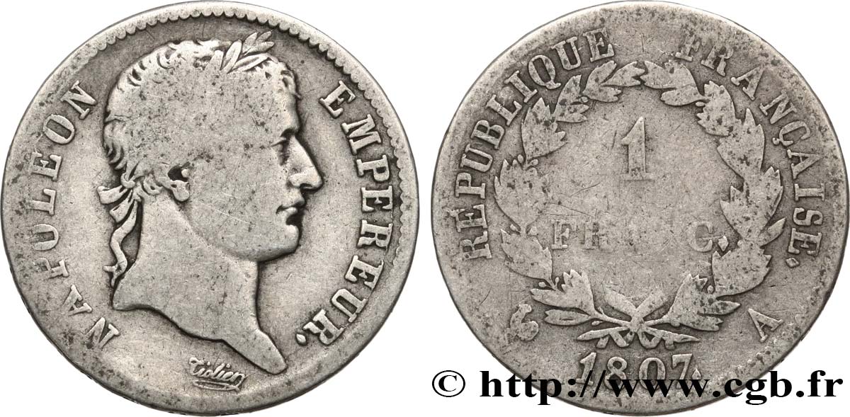 1 franc Napoléon Ier tête laurée, République française 1807 Paris F.204/1 RC10 