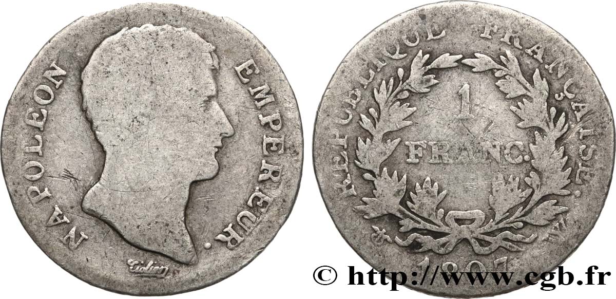 1 franc Napoléon Empereur, Calendrier grégorien 1807 Lille F.202/19 B8 
