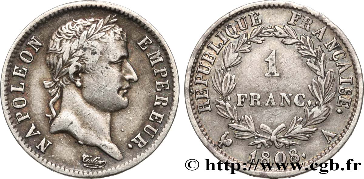 1 franc Napoléon Ier tête laurée, République française 1808 Paris F.204/2 MBC45 