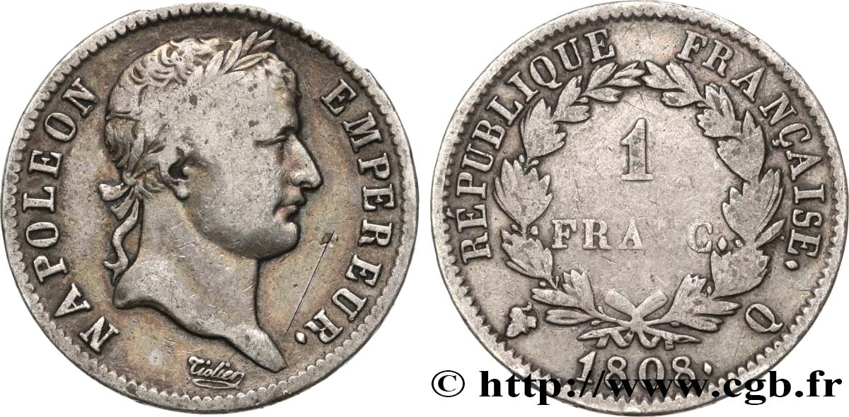 1 franc Napoléon Ier tête laurée, République française 1808 Perpignan F.204/12 BC25 