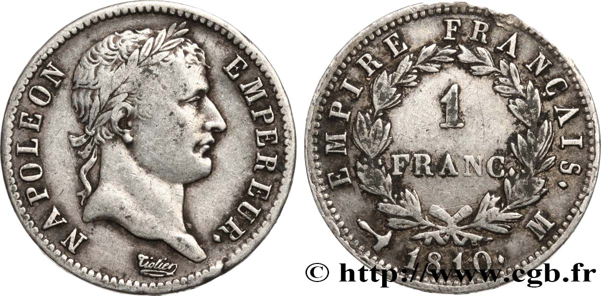 1 franc Napoléon Ier tête laurée, Empire français 1810 Toulouse F.205/23 SS40 