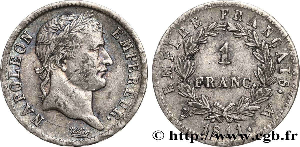 1 franc Napoléon Ier tête laurée, Empire français 1811 Lille F.205/41 SS50 