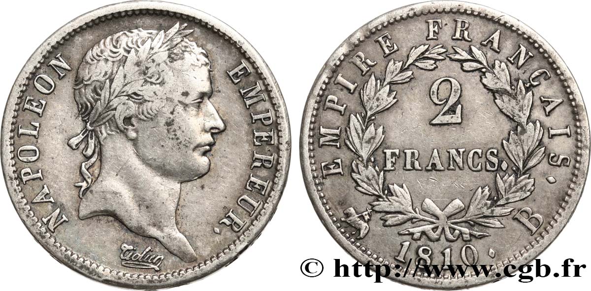 2 francs Napoléon Ier tête laurée, Empire français 1810 Rouen F.255/11 VF35 