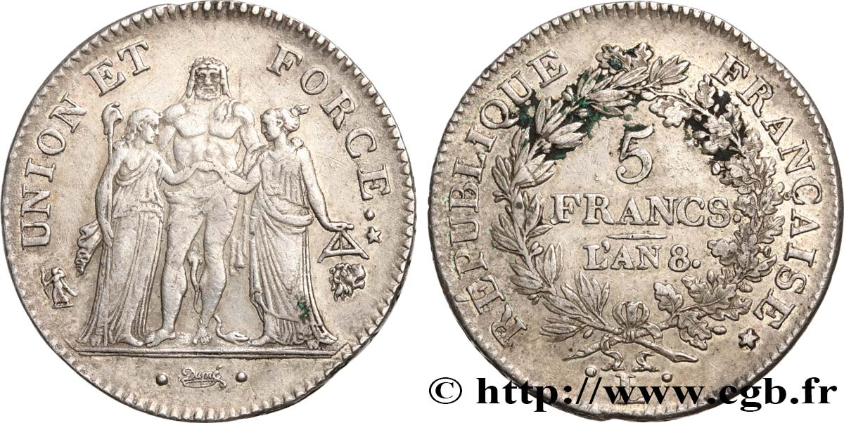 5 francs Union et Force, Union desserré, avec glands intérieurs et gland extérieur 1800 Bayonne F.291/38 BB45 