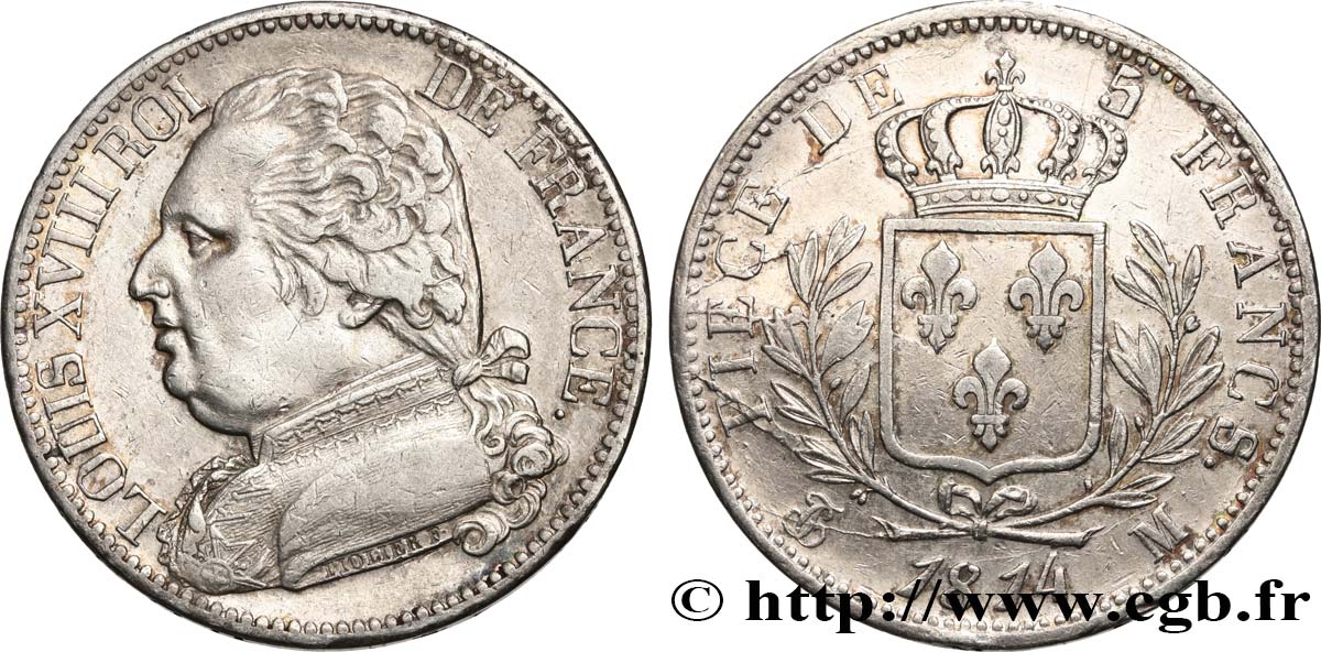 5 francs Louis XVIII, buste habillé 1814 Toulouse F.308/9 SS45 