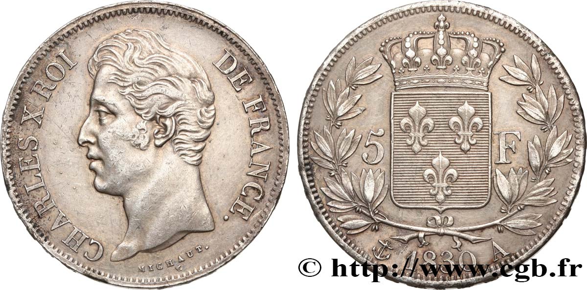 5 francs Charles X 2e type, tranche en relief 1830 Paris F.312/1 AU53 