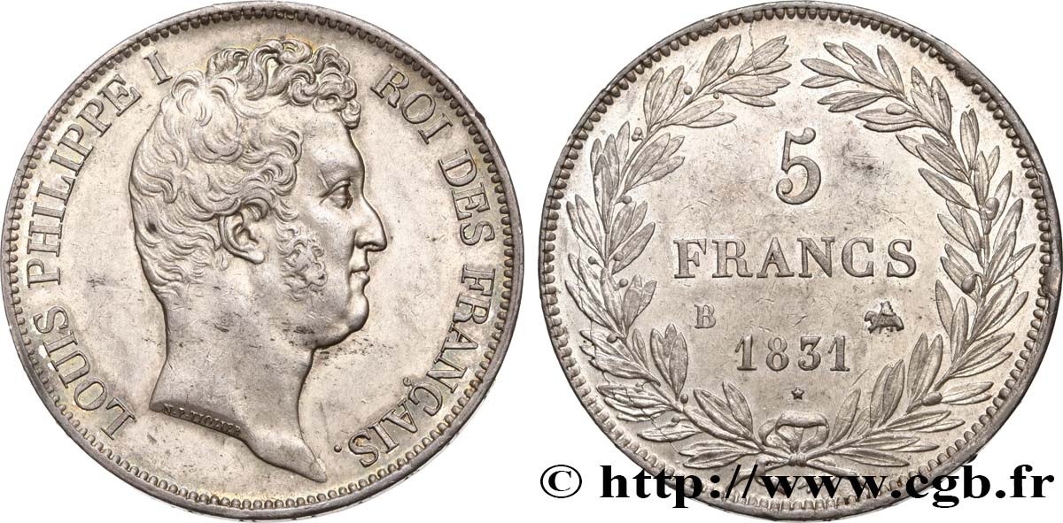 5 francs type Tiolier avec le I, tranche en creux 1831 Rouen F.315/15 SUP58 