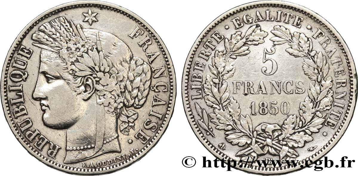 5 francs Cérès, IIe République 1850 Strasbourg F.327/5 SS 