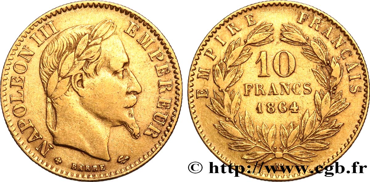 10 francs or Napoléon III, tête laurée 1864 Strasbourg F.507A/7 VF35 