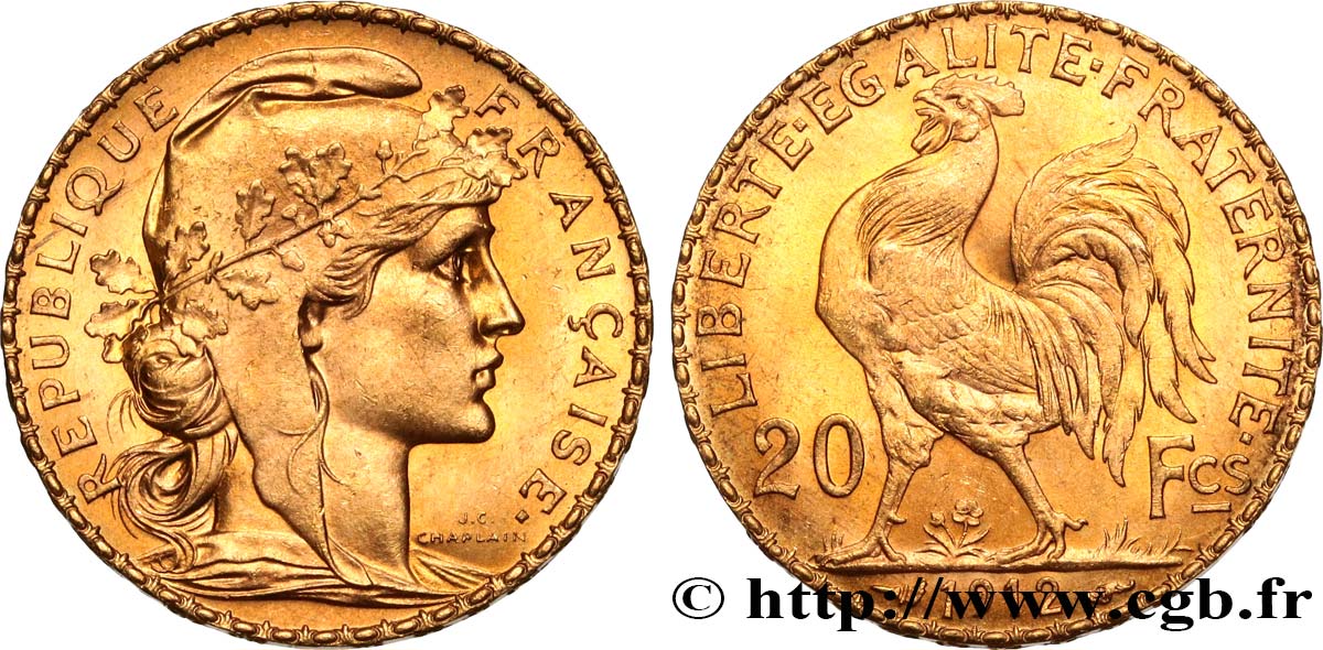 20 francs or Coq, Liberté Égalité Fraternité 1912 Paris F.535/6 SUP+ 