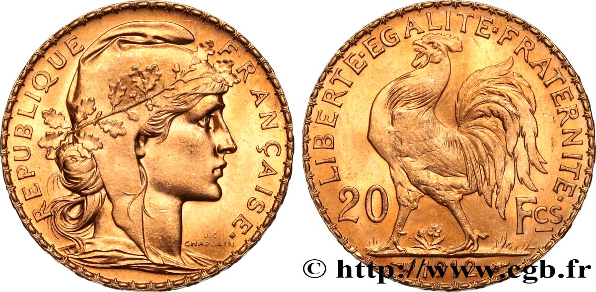 20 francs or Coq, Liberté Égalité Fraternité 1912 Paris F.535/6 SPL 