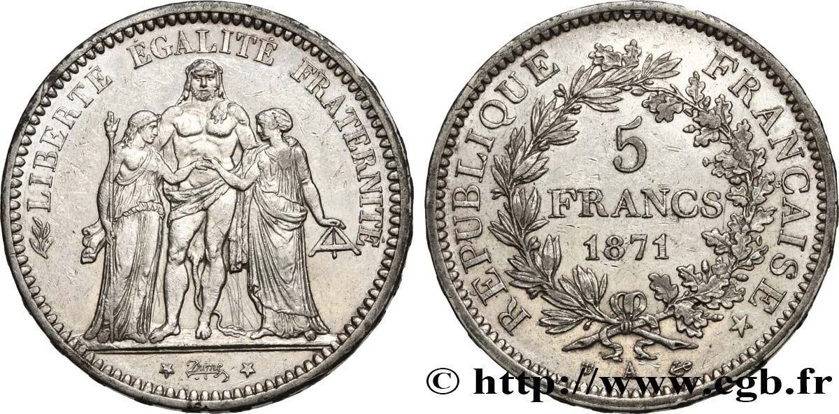 5 francs Hercule, dite “Camélinat” 1871 Paris F.334/3 AU 