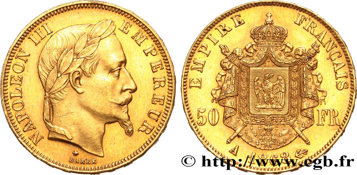 50 francs or Napoléon III, tête laurée 1868 Paris F.548/10 EBC55 