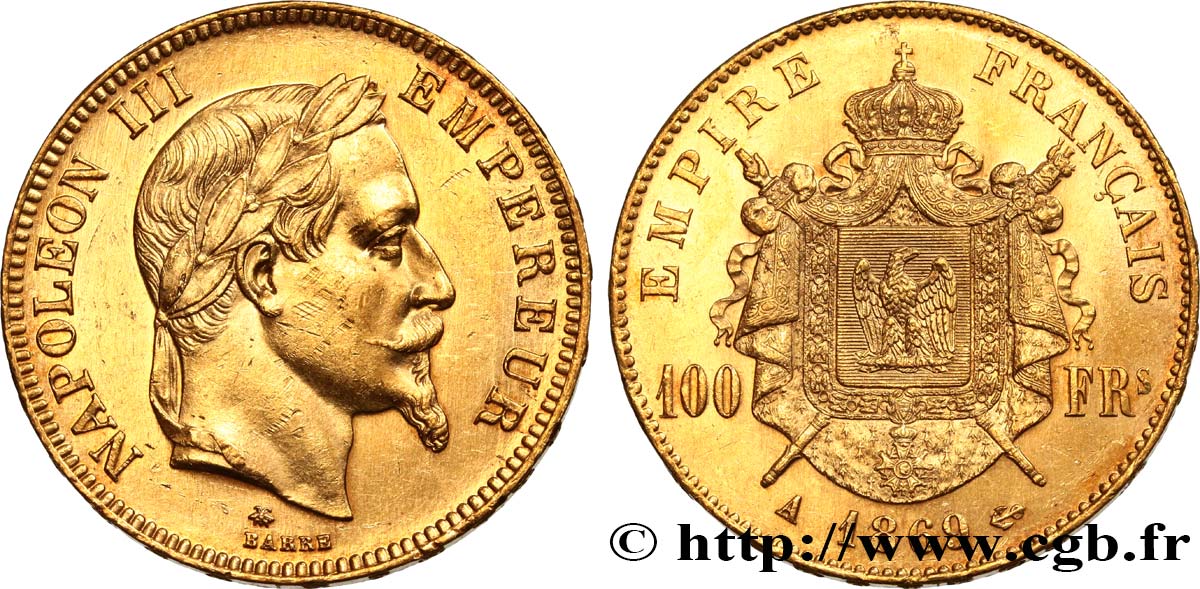 100 francs or Napoléon III, tête laurée 1869 Paris F.551/12 MS 