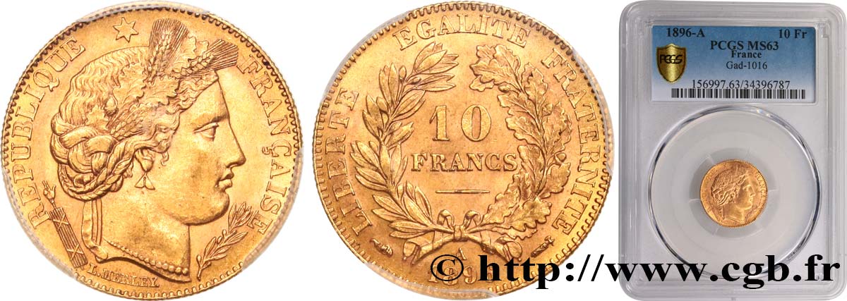 10 francs or Cérès, Troisième République 1896 Paris F.508/4 MS63 PCGS