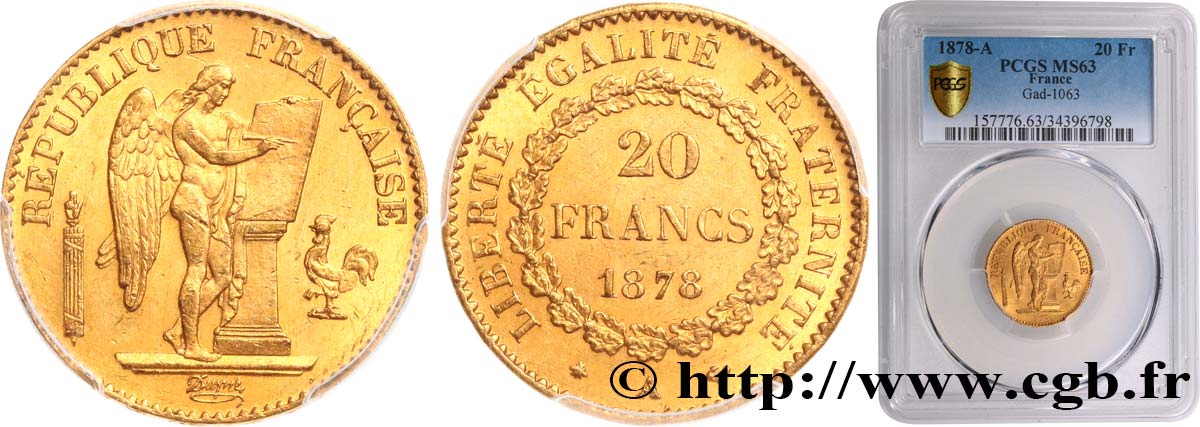 20 francs or Génie, Troisième République 1878 Paris F.533/6 SC63 PCGS