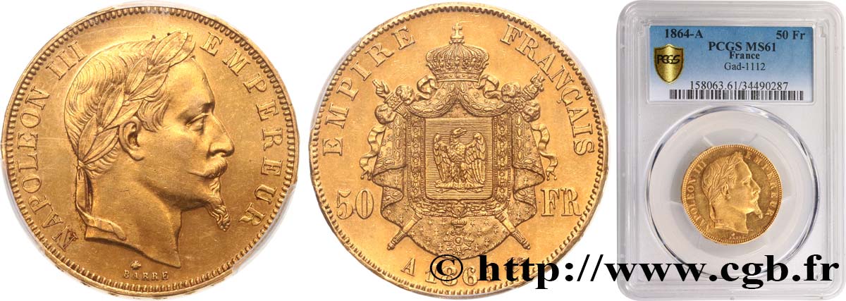 50 francs or Napoléon III, tête laurée 1864 Paris F.548/4 EBC61 PCGS