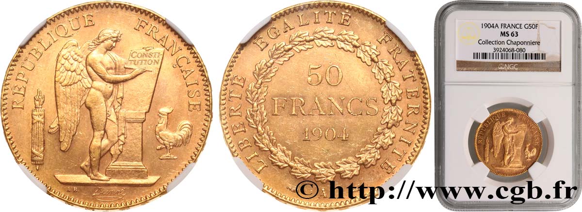 50 francs or Génie 1904 Paris F.549/6 fST63 NGC