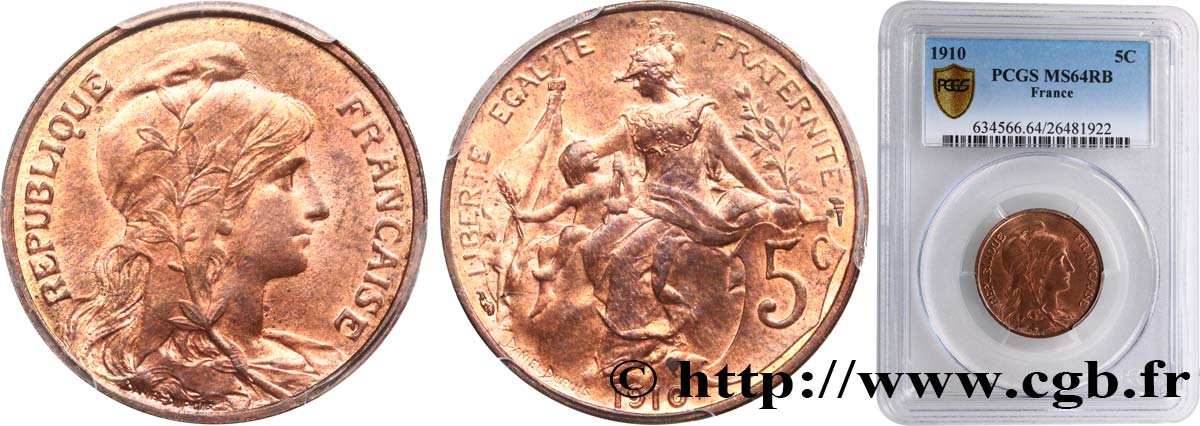5 centimes Daniel-Dupuis 1910  F.119/22 SPL64 PCGS