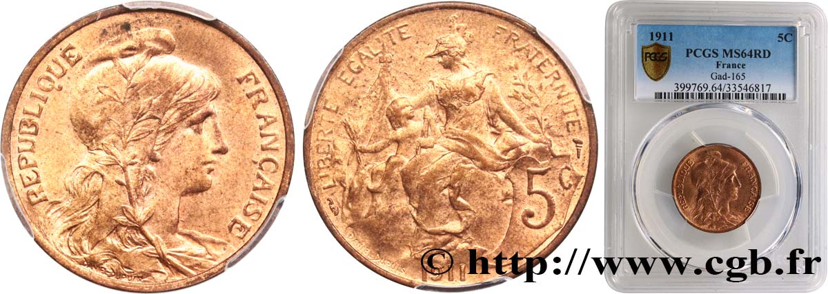 5 centimes Daniel-Dupuis 1911  F.119/23 SPL64 PCGS