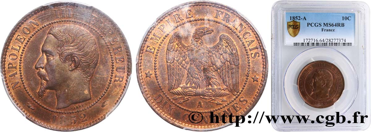 Dix centimes Napoléon III, tête nue 1852 Paris F.133/1 fST64 PCGS