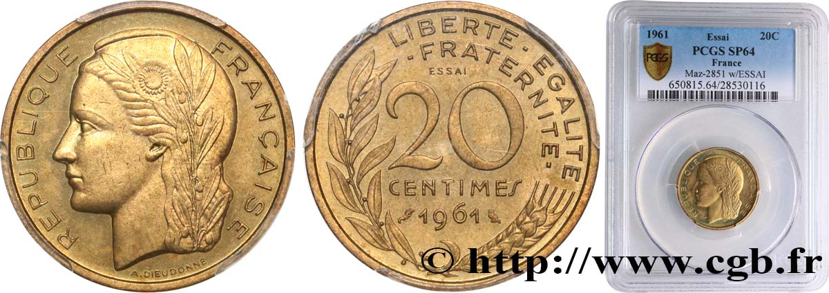 Essai du concours de 20 centimes par Dieudonné 1961 Paris GEM.55 8 SPL64 PCGS