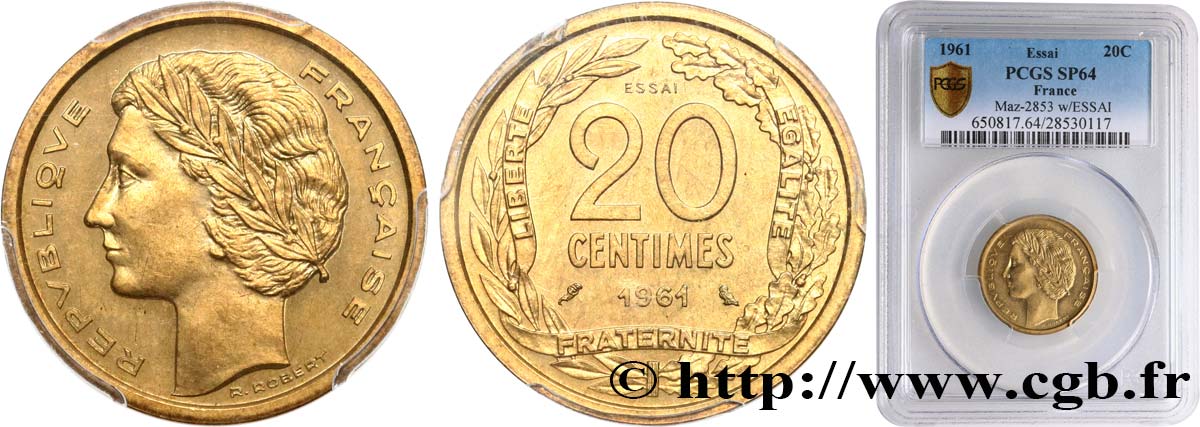 Essai du concours de 20 centimes par Robert 1961 Paris GEM.55 12 fST64 PCGS