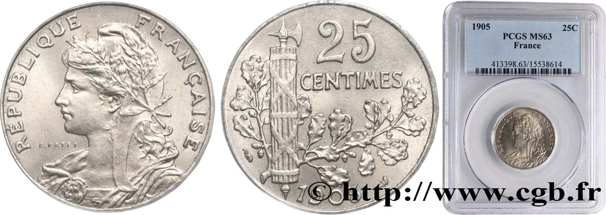 25 centimes Patey, 2e type 1905  F.169/3 SPL63 PCGS