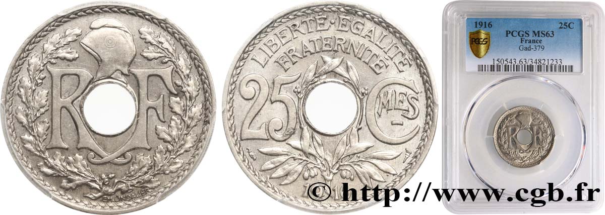 25 centimes Lindauer, Cmes souligné 1916 Paris F.170/4 fST63 PCGS