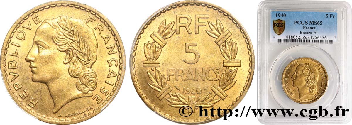 5 francs Lavrillier, bronze-aluminium 1940  F.337/4 FDC65 PCGS