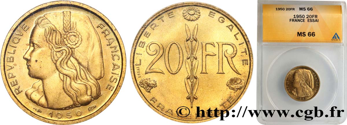 Essai du concours de 20 francs par Simon 1950 Paris GEM.209 2 MS66 ANACS