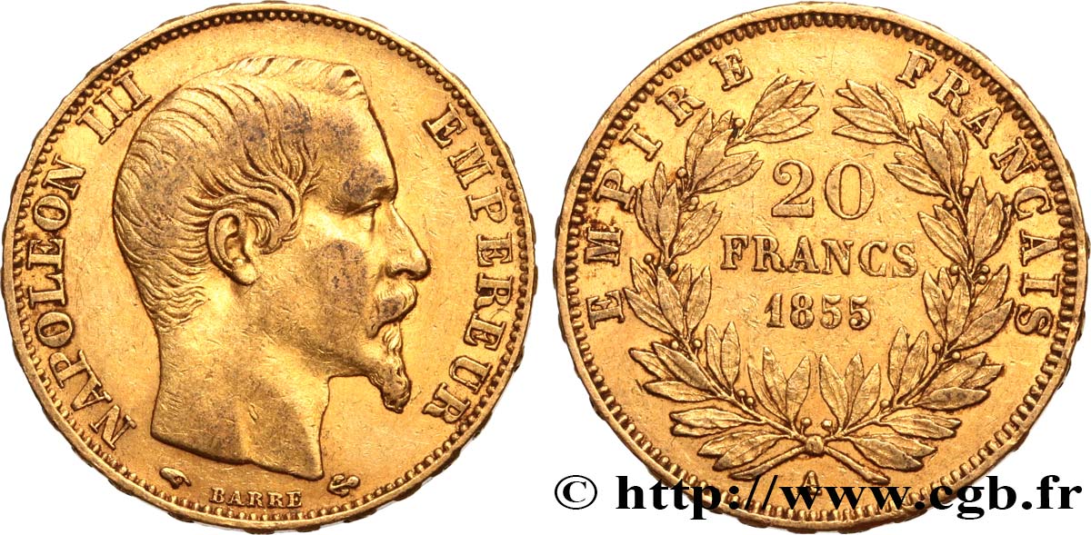 20 francs or Napoléon III, tête nue 1855 Paris F.531/4 XF45 