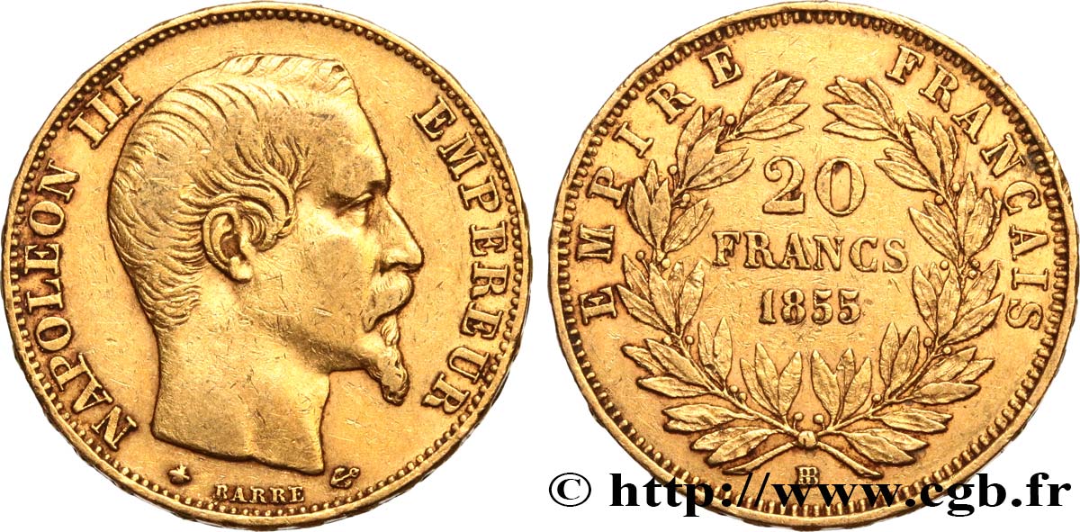 20 francs or Napoléon III, tête nue, différent ancre 1855 Strasbourg F.531/6 MBC40 
