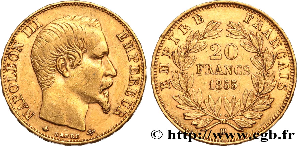 20 francs or Napoléon III, tête nue, différent ancre 1855 Strasbourg F.531/6 MBC45 