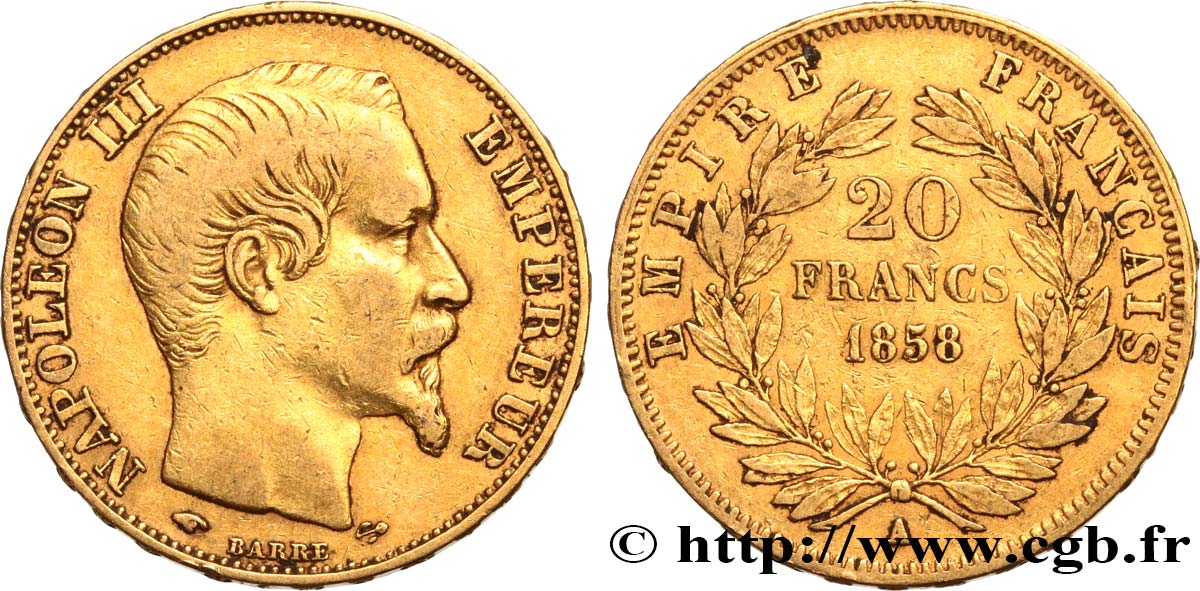 20 francs or Napoléon III, tête nue 1858 Paris F.531/13 VF35 