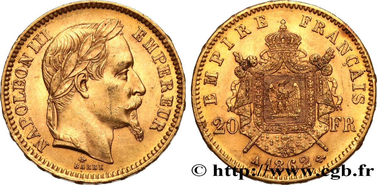 20 francs or Napoléon III, tête laurée 1862 Paris F.532/3 SUP55 