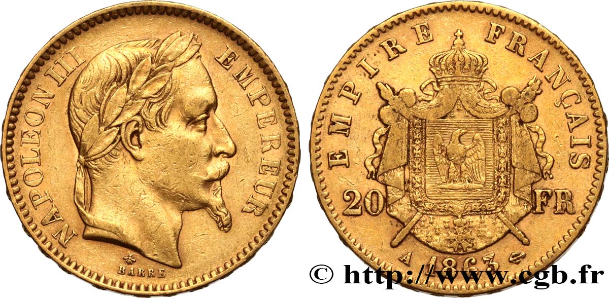20 francs or Napoléon III, tête laurée 1863 Paris F.532/6 BC35 