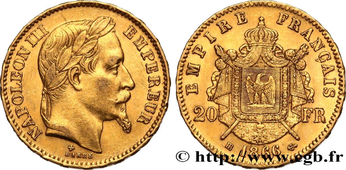 20 francs or Napoléon III, tête laurée 1866 Strasbourg F.532/14 XF48 